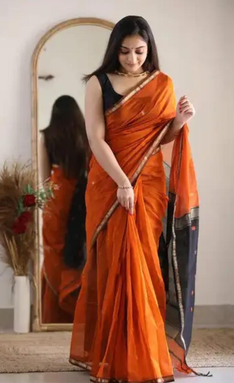 Classic Orange Handloom Style Saree with Contrast Black Border