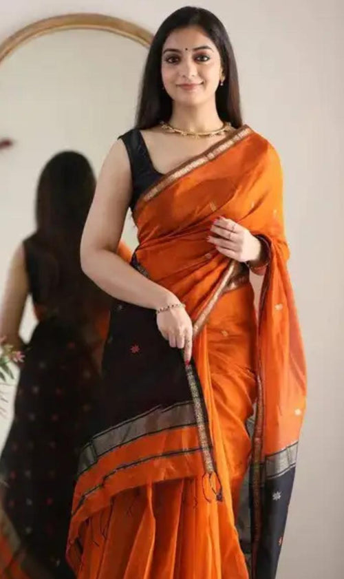 Classic Orange Handloom Style Saree with Contrast Black Border