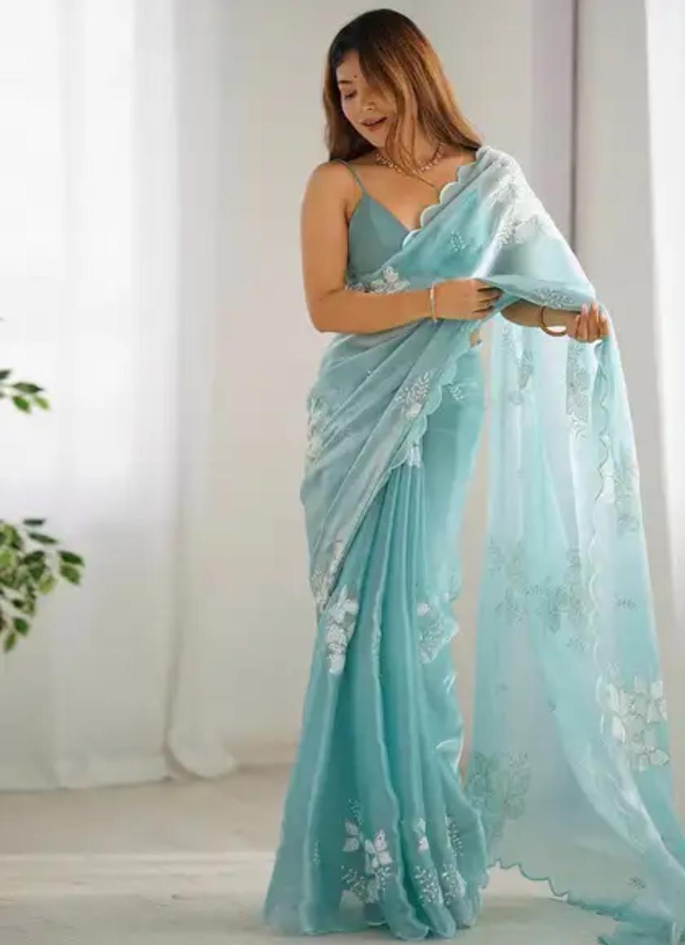 Aqua Sea Green Organza Saree with Scalloped Floral Embroidery