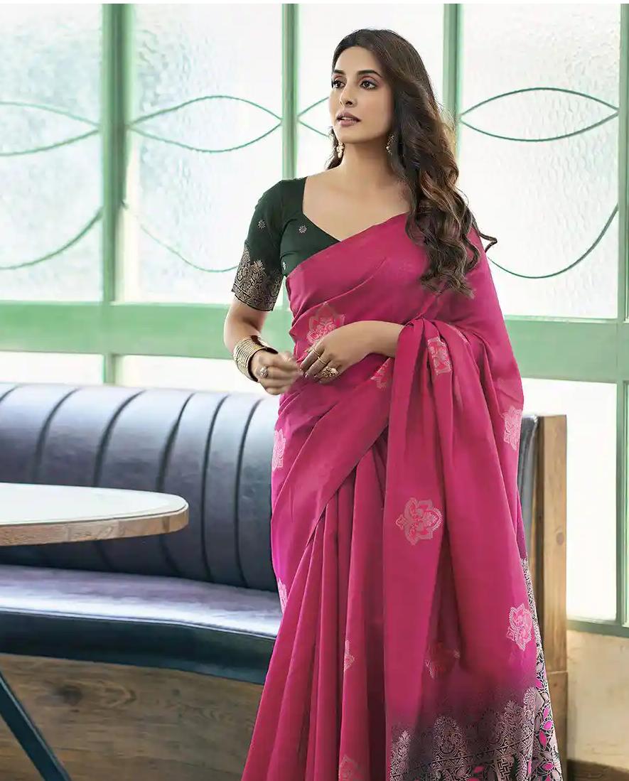 Elegant Deep Magenta Soft Silk Saree with Contrast Woven Border