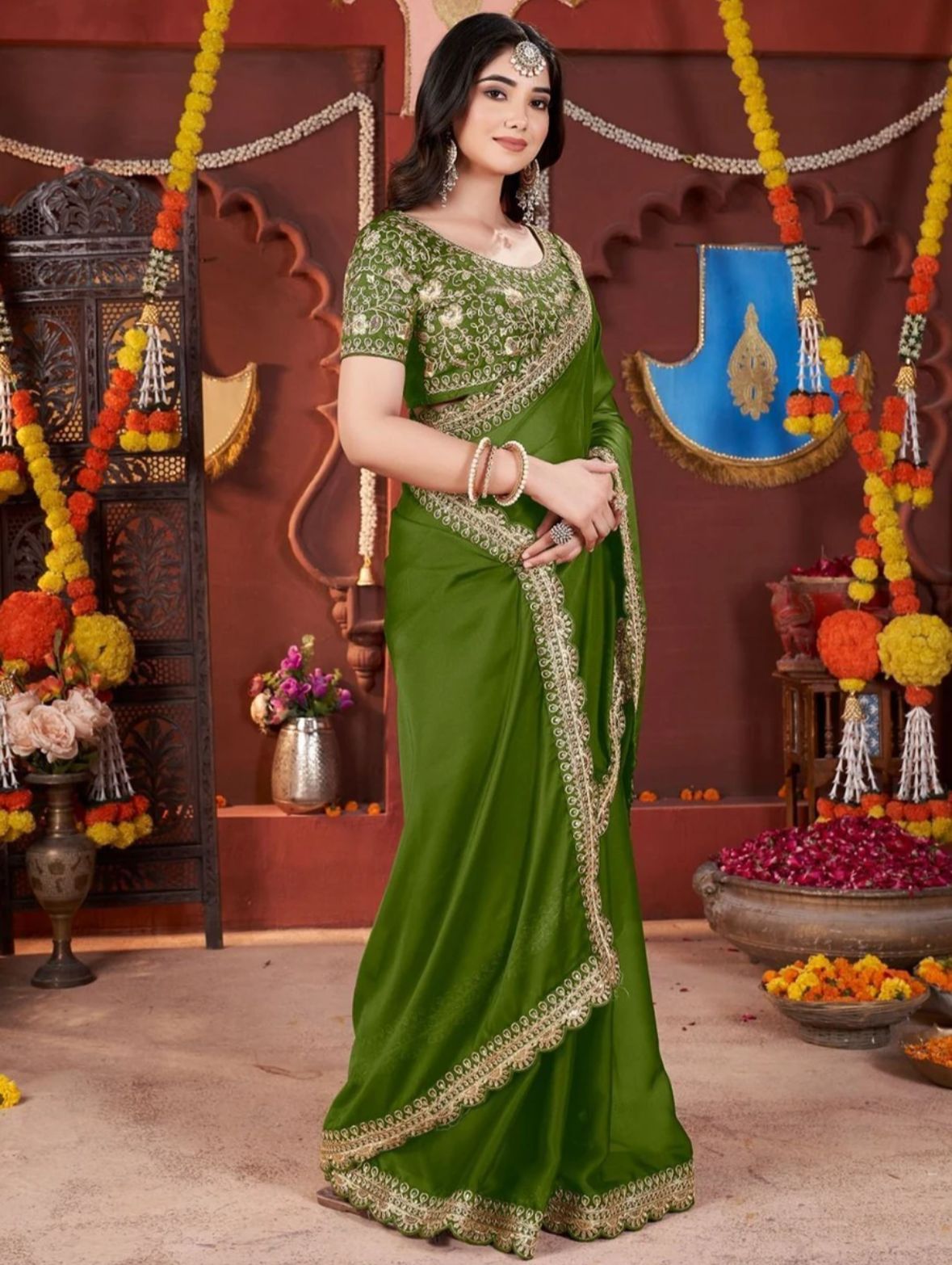 Classic Moss Green Silk-Blend Saree with Elegant Embroidered Border